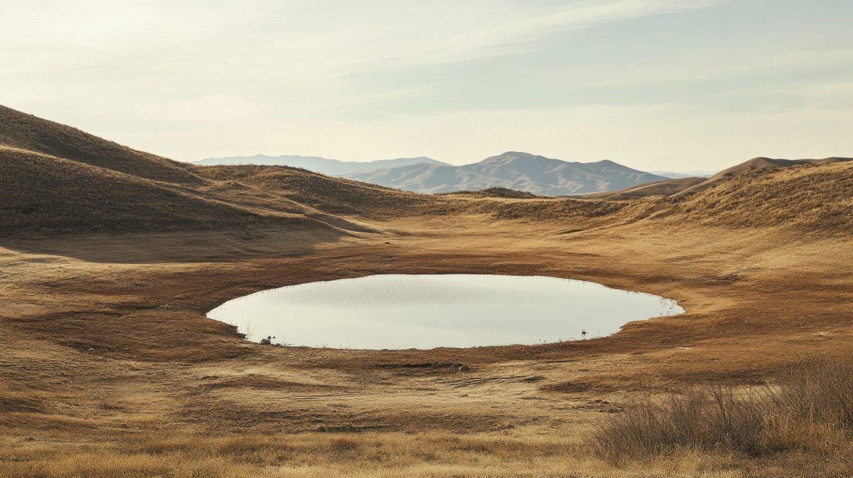 KI-generiertes Bild eines Sees in einer trockenen Landschaft.