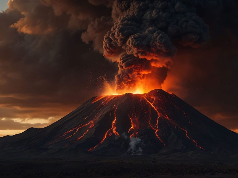 KI-generiertes BIld eines feuerspuckenden Vulkans vor einem dunklem Himmel.