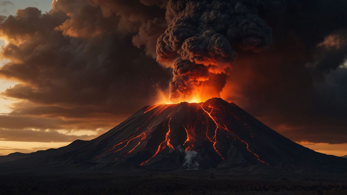 KI-generiertes BIld eines feuerspuckenden Vulkans vor einem dunklem Himmel.