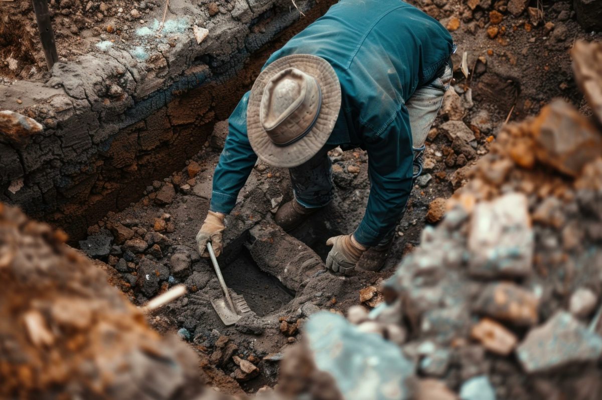 KI-generiertes Bild von einem Archäologen, der eine alte Struktur ausgräbt.