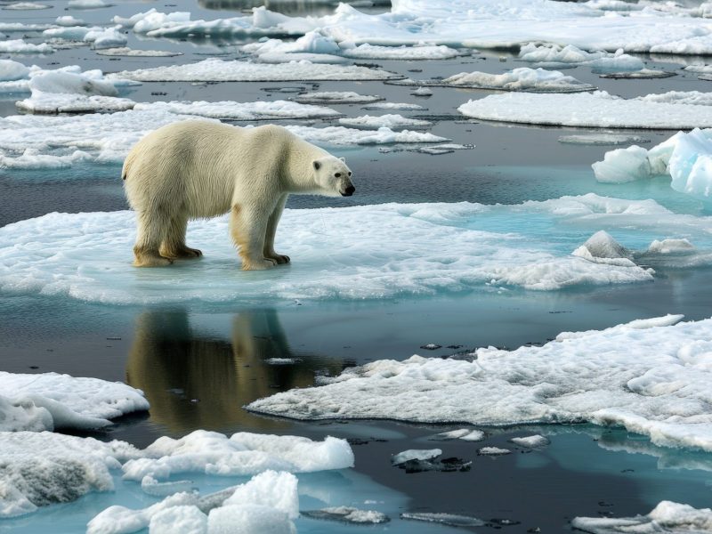 Eisbär steht auf einer Eisscholle im arktischen Ozean.