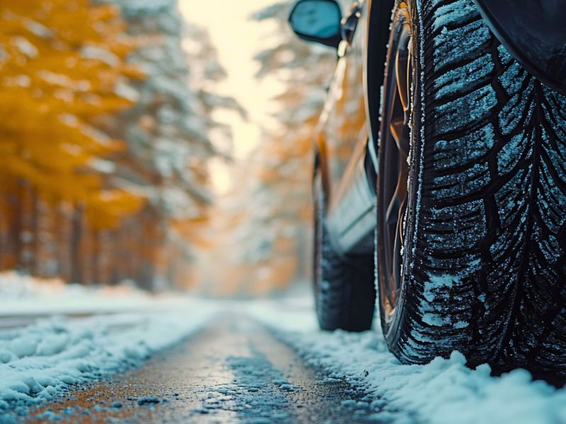 Auto fährt auf einer verschneiten Straße.