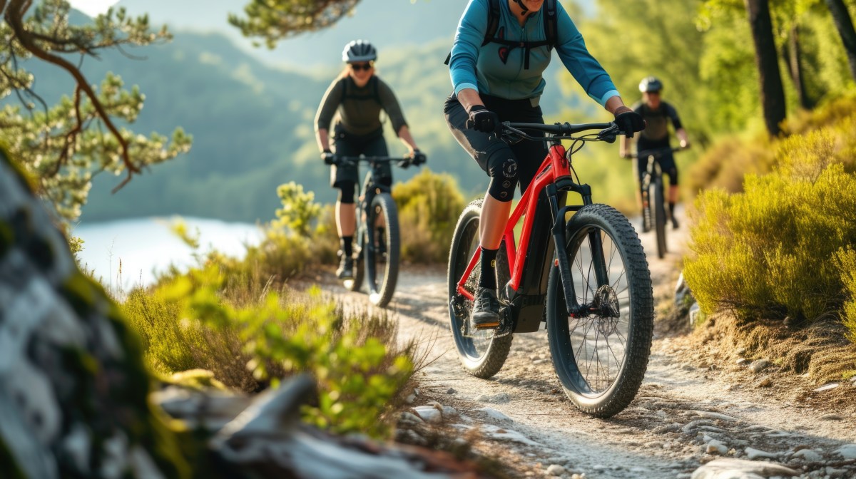 Personen auf E-Bikes fahren auf einem Waldweg.