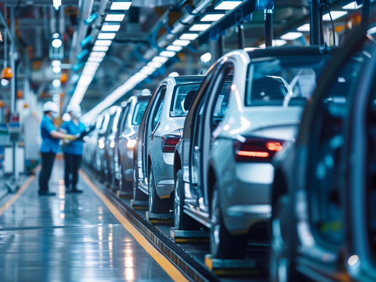 KI-generiertes Bild von einer Fertigungsstraße in einem Autowerk.