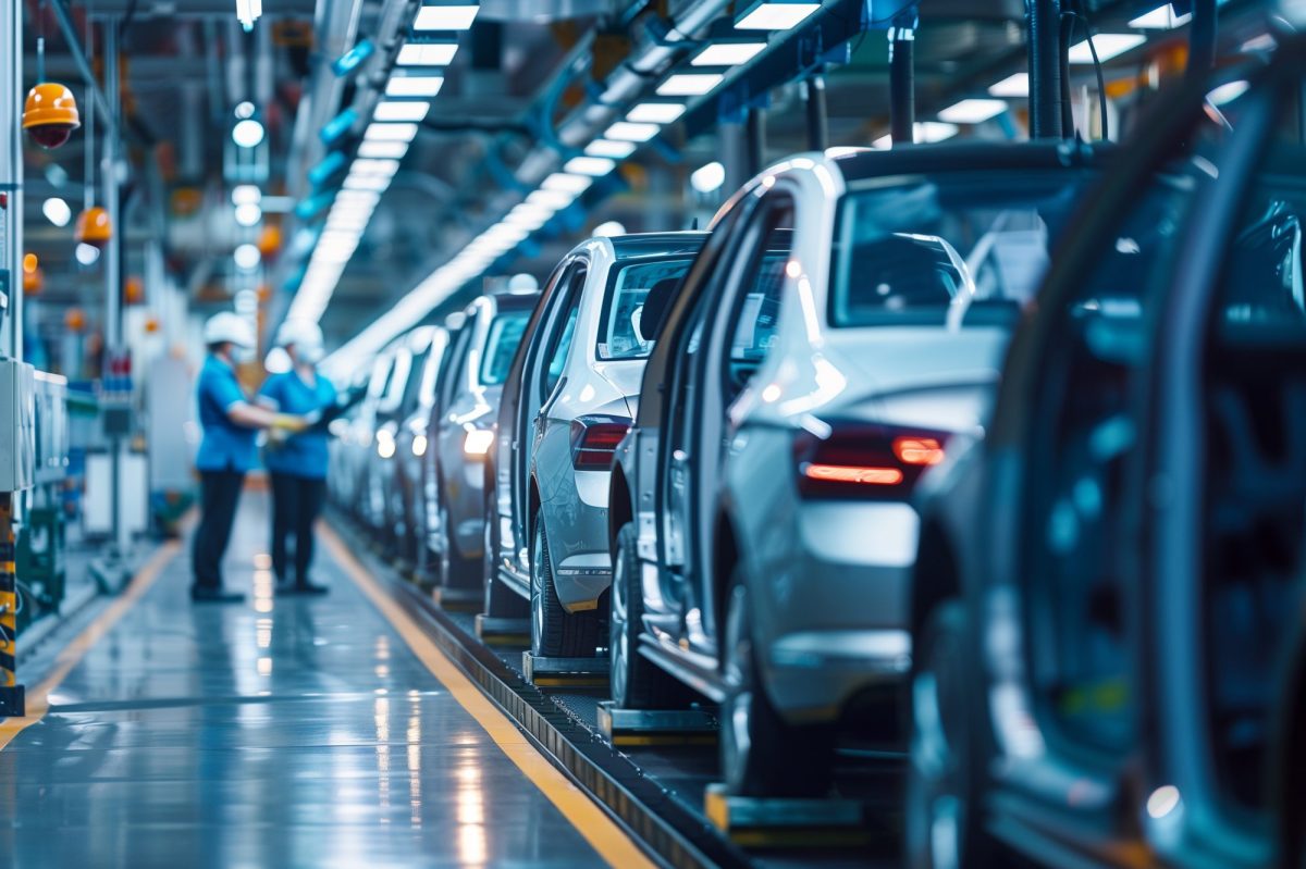 KI-generiertes Bild von einer Fertigungsstraße in einem Autowerk.