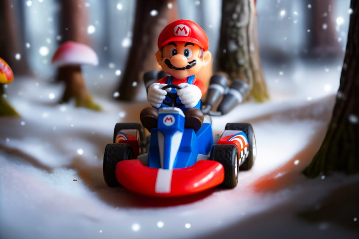 Super-Mario-Figur steht in einem Schnee-Setting.