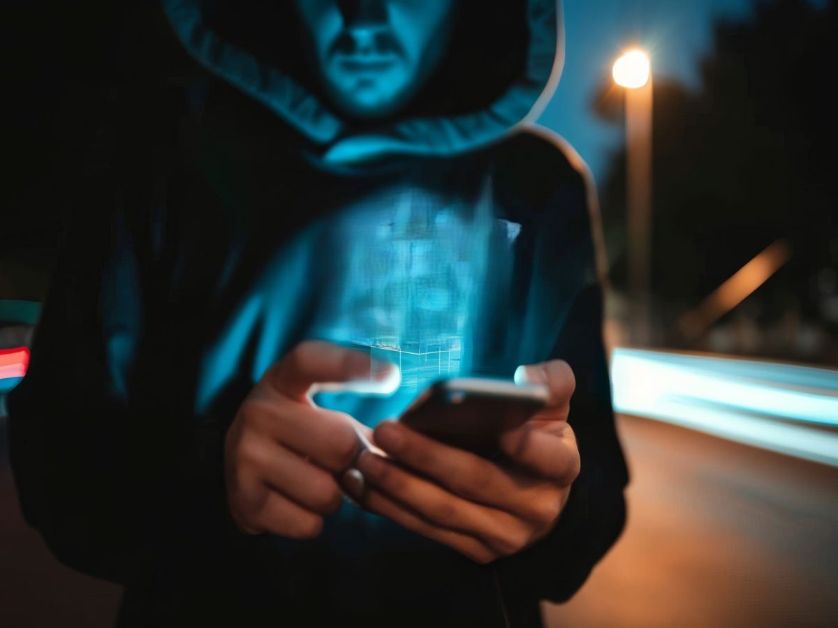 Person mit Kapuze überm Kopf hält ein Handy in der Hand.