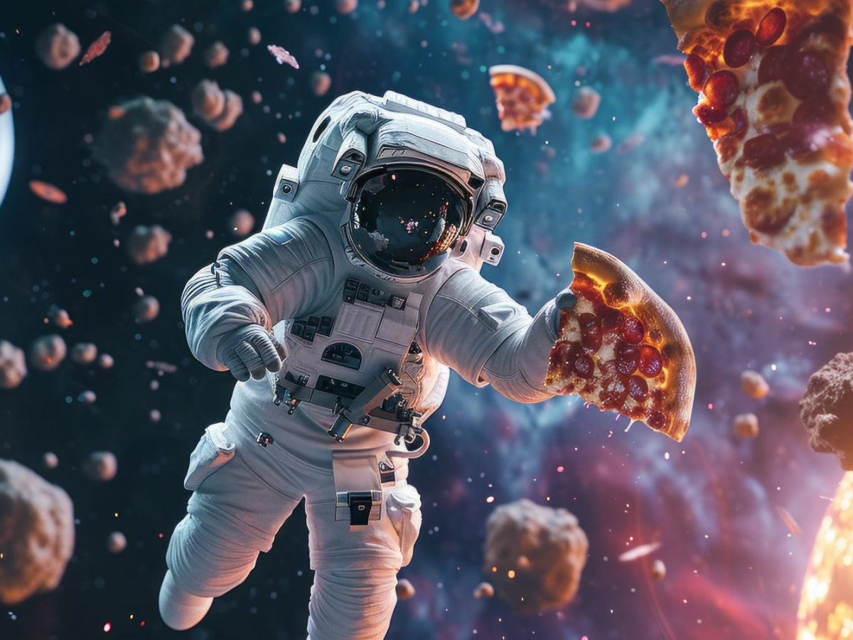 KI-generiertes Bild von einer*einem Astronaut*in im Weltall mit einem Stück Pizza in der Hand.