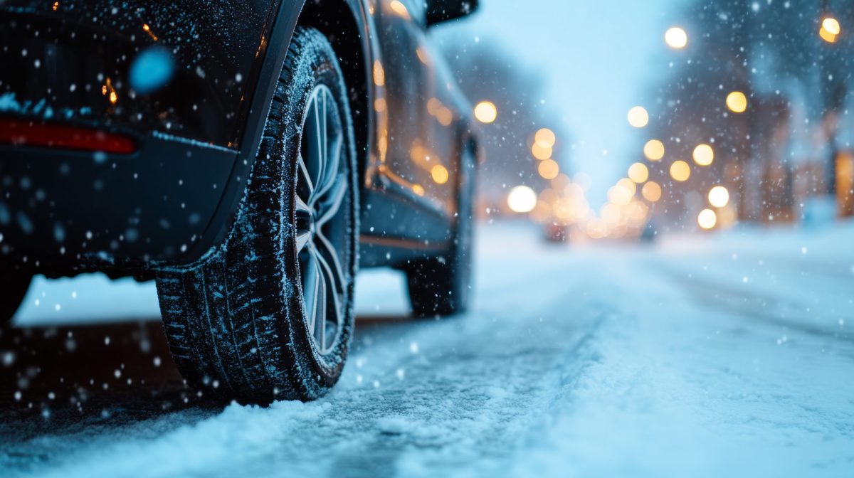 KI-generiertes Bild eines Autos auf einer mit Schnee bedeckten StraÃŸe.