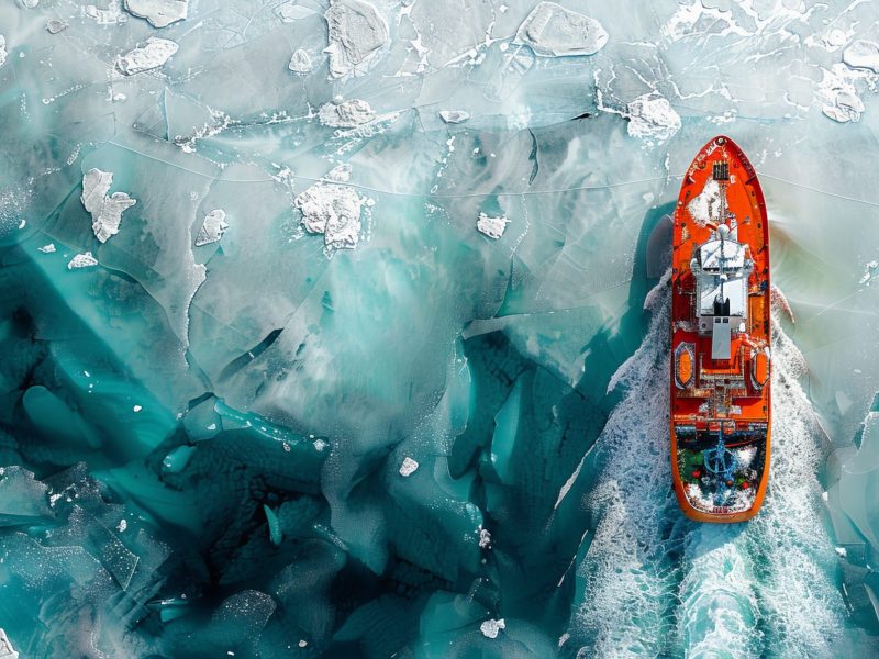 KI-generiertes Bild eines Schiffes, welches auf Wasser mit zahlreichen Eisschollen fÃ¤hrt.