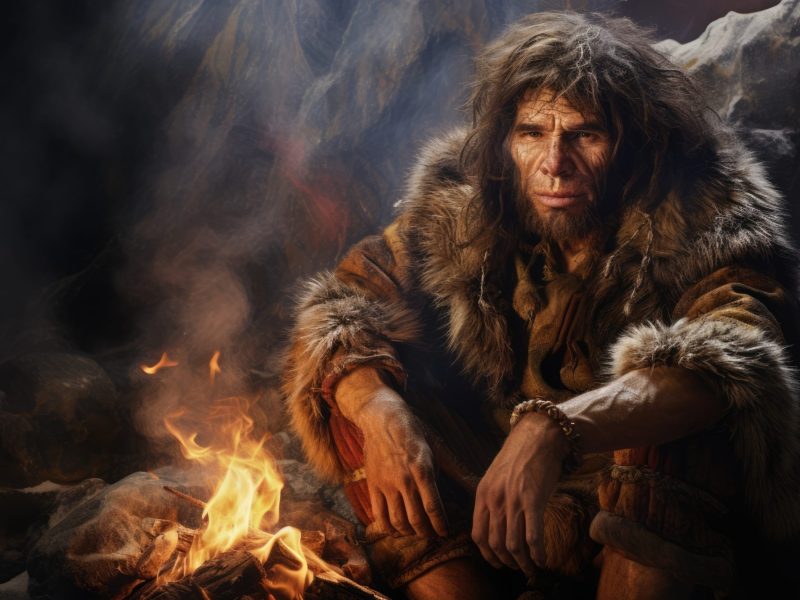 KI-generiertes Bild eines Neandertalers in einer HÃ¶hle neben einem Feuer.