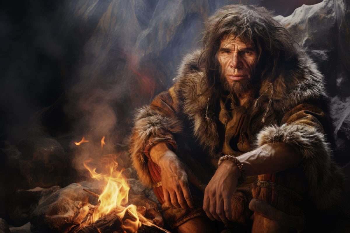 KI-generiertes Bild eines Neandertalers in einer HÃ¶hle neben einem Feuer.