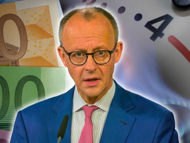 Friedrich Merz (CDU) vor einem Heizungsregler und Euroscheinen