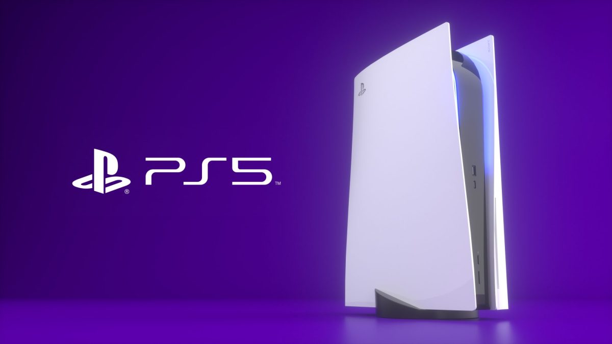 PS5-Konsole steht vor einem violetten Hintergrund, daneben ist das PS5-Logo zu sehen