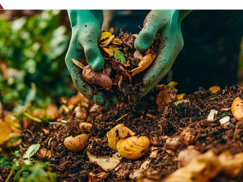 Person mit Gartenhandschuhen greift in einen Komposthaufen