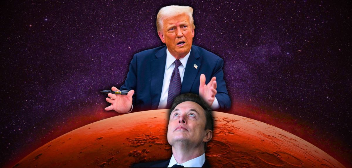 Bildmontage mit dem Planeten Mars, Donald Trump und Elon Musk