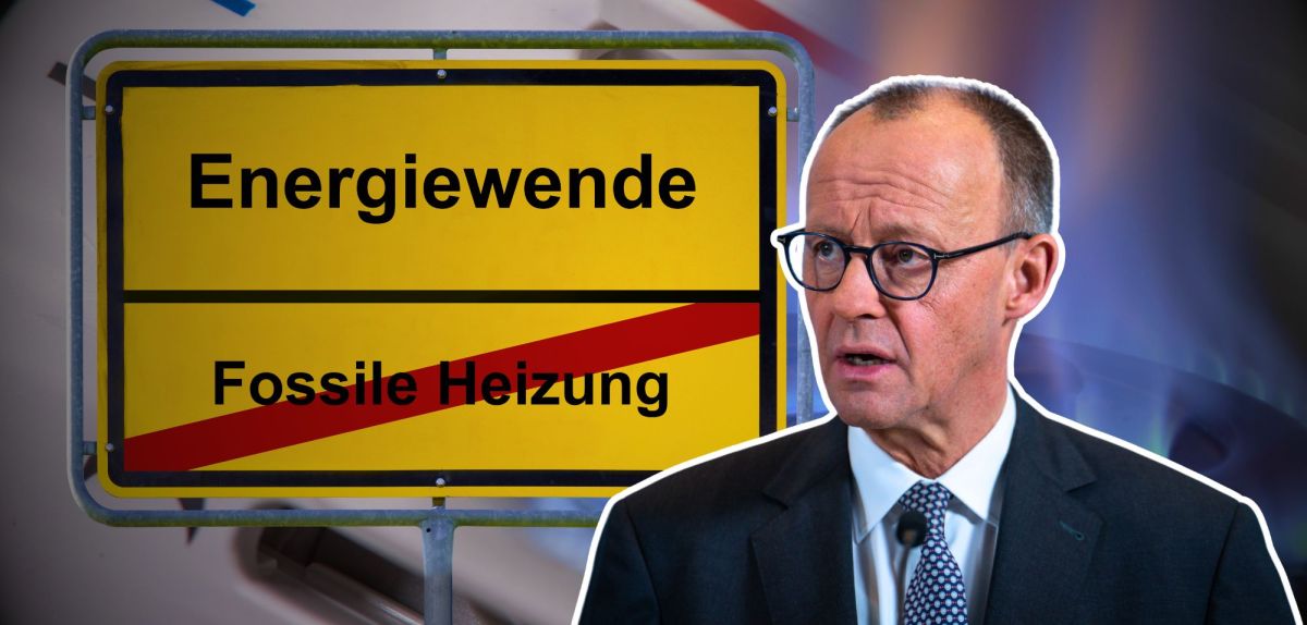 Friedrich Merz sitzt vor einem Schild mit der Aufschrift 