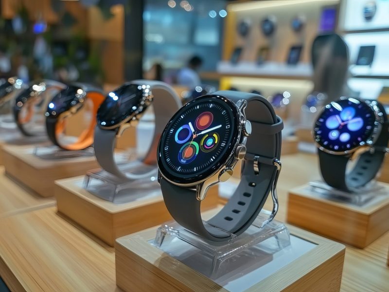 KI-generiertes Bild verschiedener Samsung Galaxy Watch-Modelle in einer Auslage