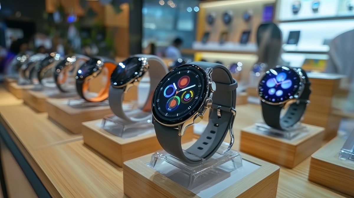 KI-generiertes Bild verschiedener Samsung Galaxy Watch-Modelle in einer Auslage