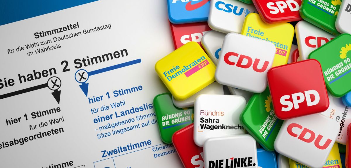 Wahlzettel neben den Logos verschiedener Parteien