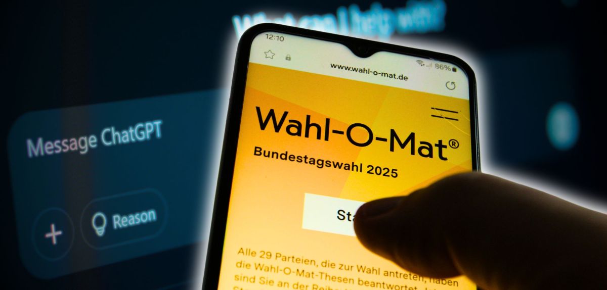 Person hÃ¤lt Smartphone mit geÃ¶ffnetem Wahl-O-Mat vor einen Laptop mit ChatGPT