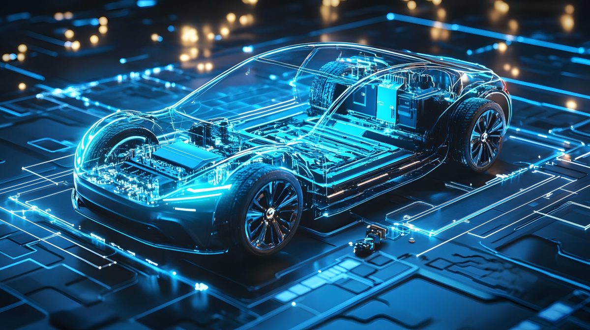 KI-generierte Illustration des Inneren eines Elektroautos.