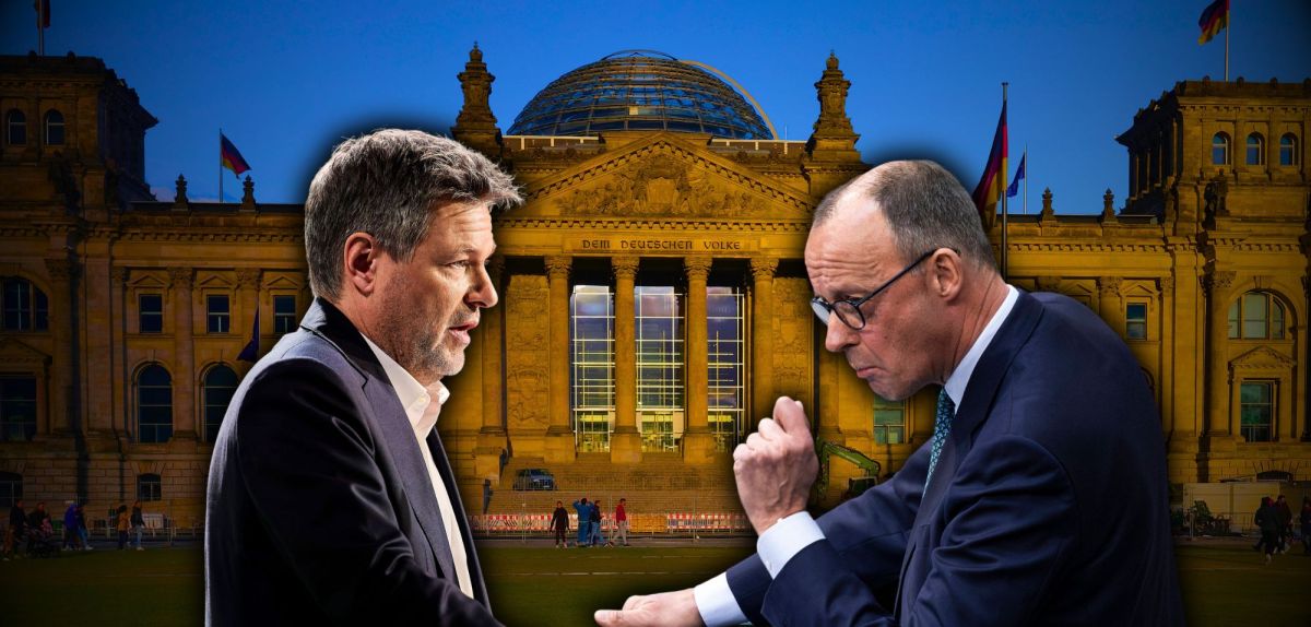 Robert Habeck und Fridrich Merz vor dem Reichstag