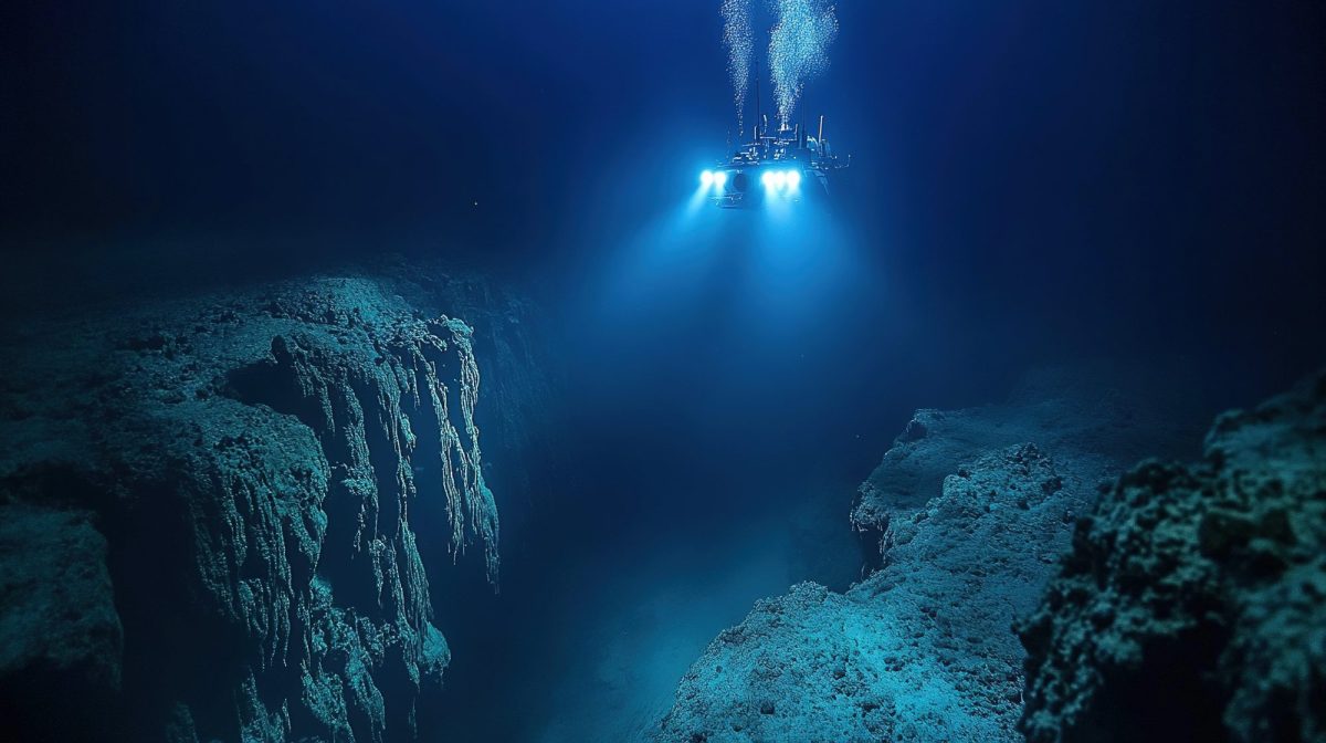 KI-generiertes Bild eines Forschungs-U-Bootes in einem Unterwassergraben.